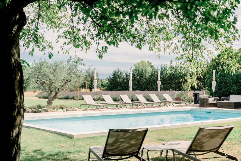 Piscine et transats sous les arbres, à la Bastide des Barattes